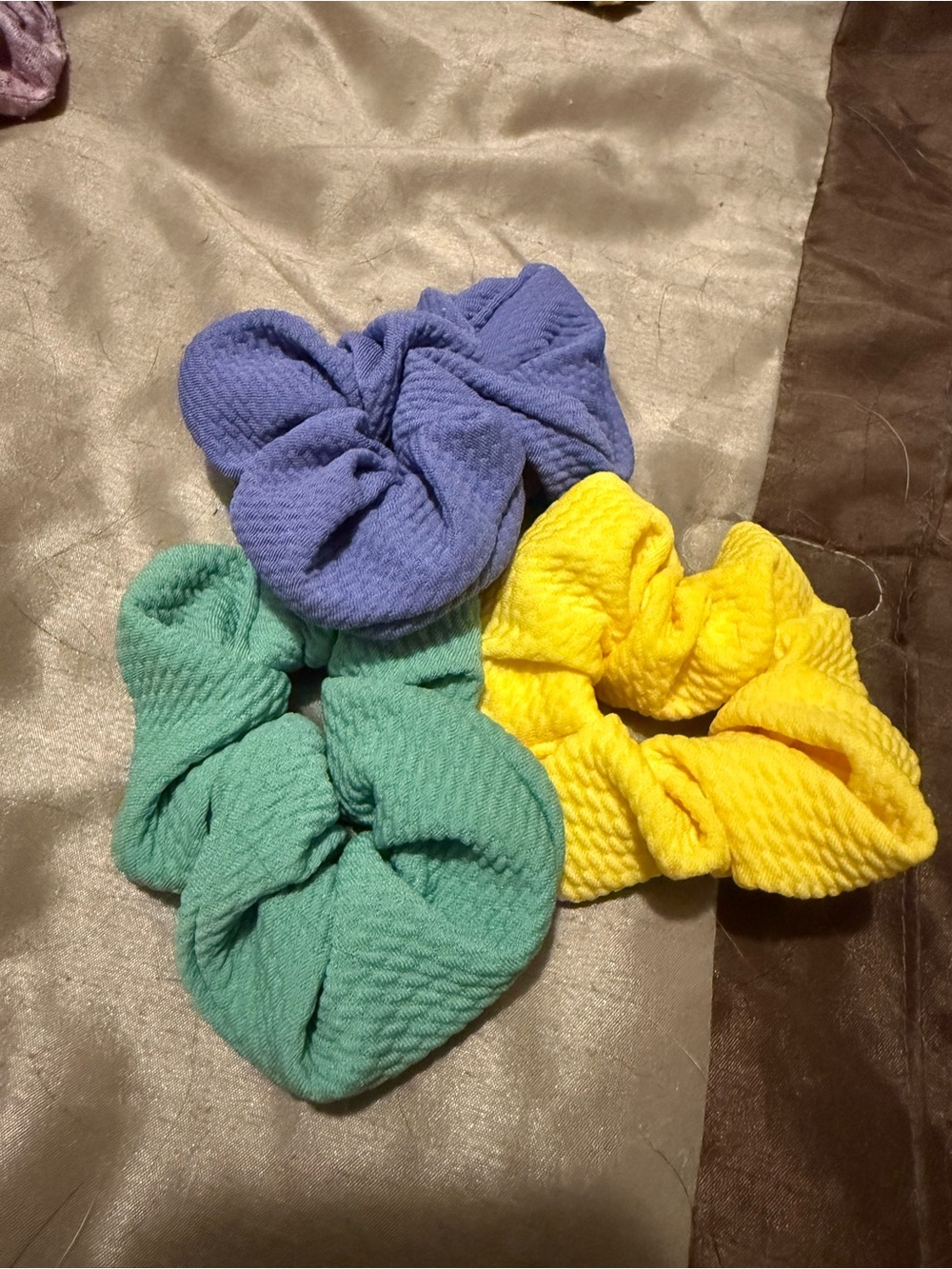 Textured Scrunchie Set in Purple, Teal & Yellow